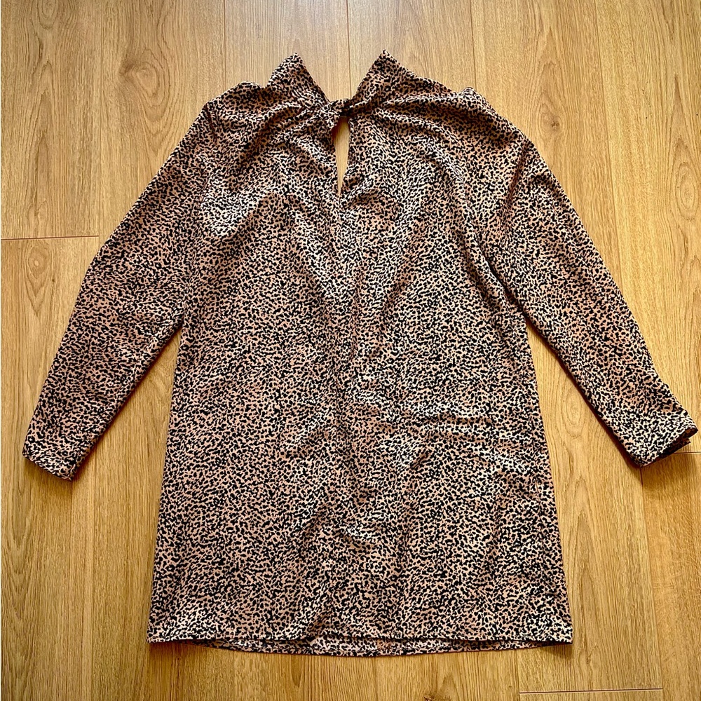 Halston Printed Mini Dress with Bow Neck | Long Sleeve | Size M